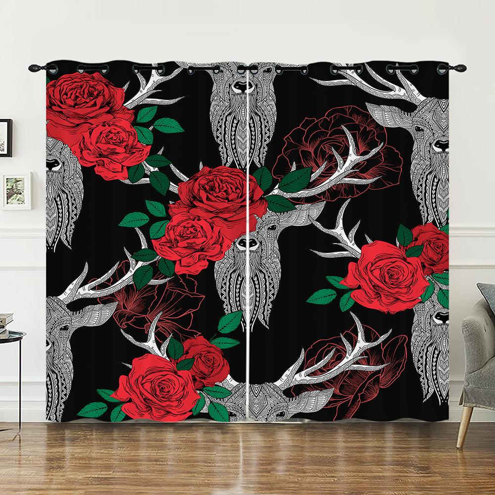 Curtains Rose Retro Deer Curtain Digital Printing Blackout Curtain No Punching