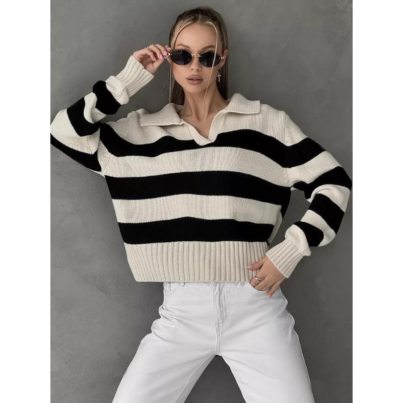 Women's Knitwear Autumn and Winter Striped Color Collision Loose Knitted Sweater Elegant Woman Comfortable and Versatile