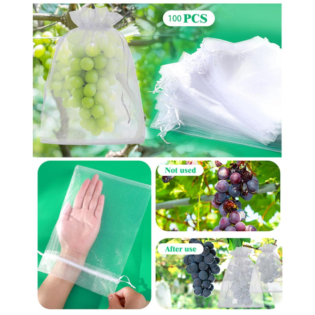50/100Pcs Fruit Protection Netting Bags with Drawstring Reusable Grape Grow Bags Strawberry Cover Mesh Bags for Pest Control