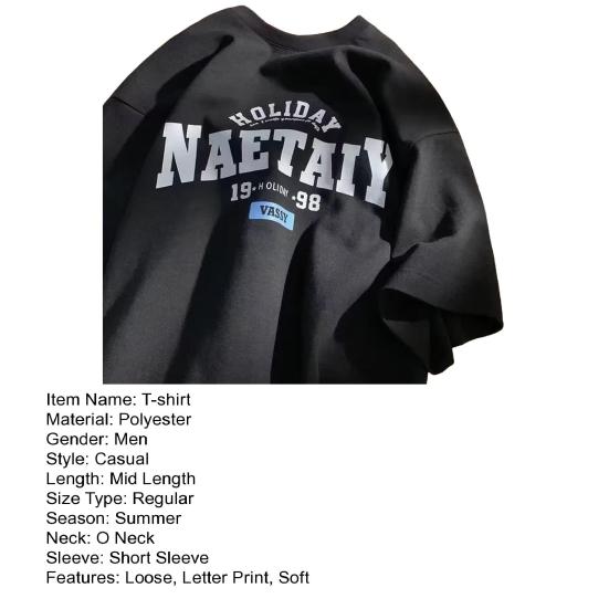 Men Summer T-shirt Letter Print Short Sleeves Round Neck Loose Retro Japanese Style Casual Daily Wear Teenager