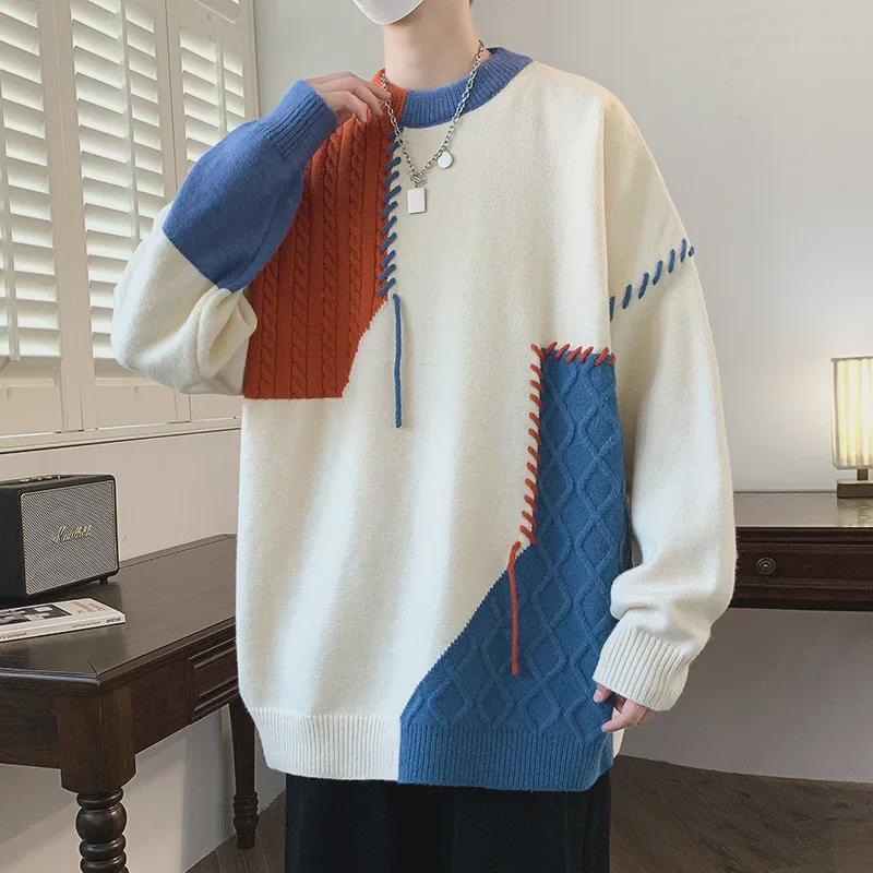 Men's Trendy Knitted Contrast Color Round Neck Sweater - Autumn/Winter Loose Fit, Lazy Style, Perfect for Couples