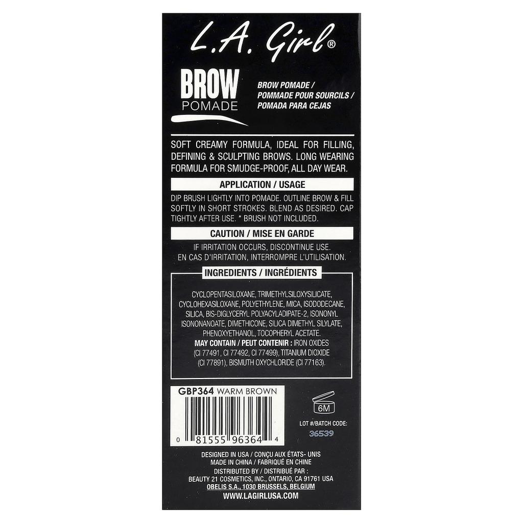 L.A. Girl Brow Pomade, Warm Brown GBP364, 3g (0.11oz)