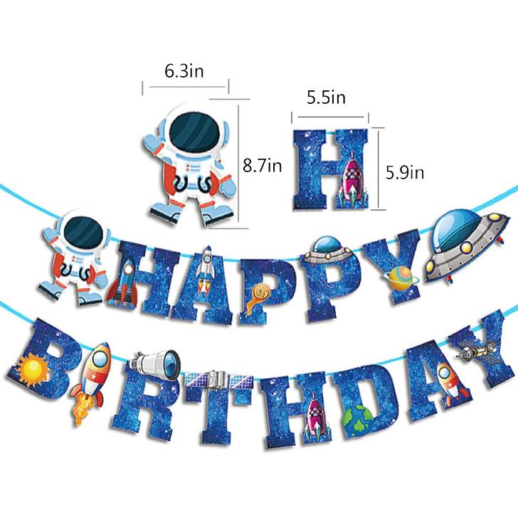 Astronaut Space Ship Happy Birthday Banner,Outer Space Happy Birthday Bunting Boys Birthday Party Banner Decoration Blue