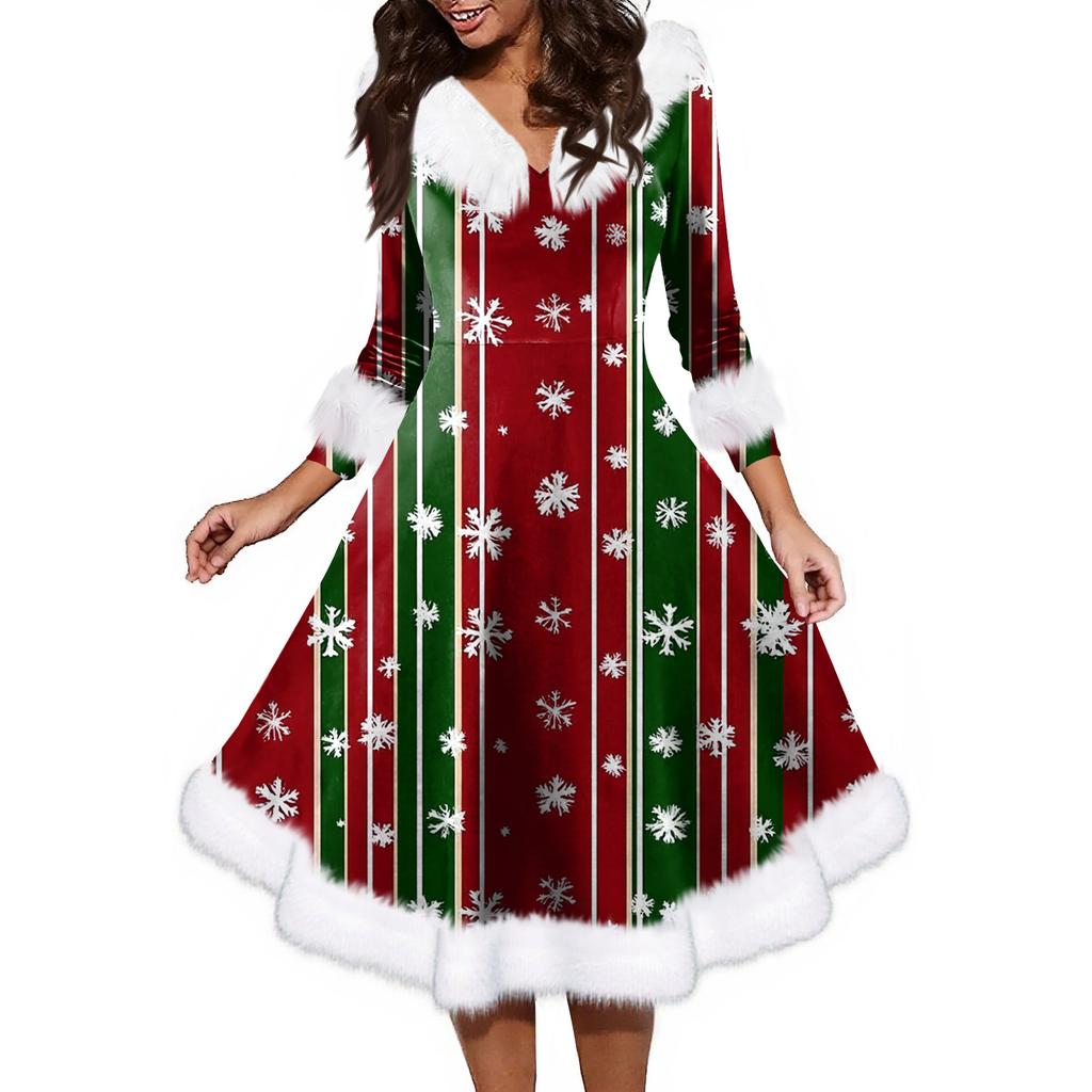 Женское модное повседневное платье с v-образным вырезом и рождественским принтом для вечеринки с длинными рукавами