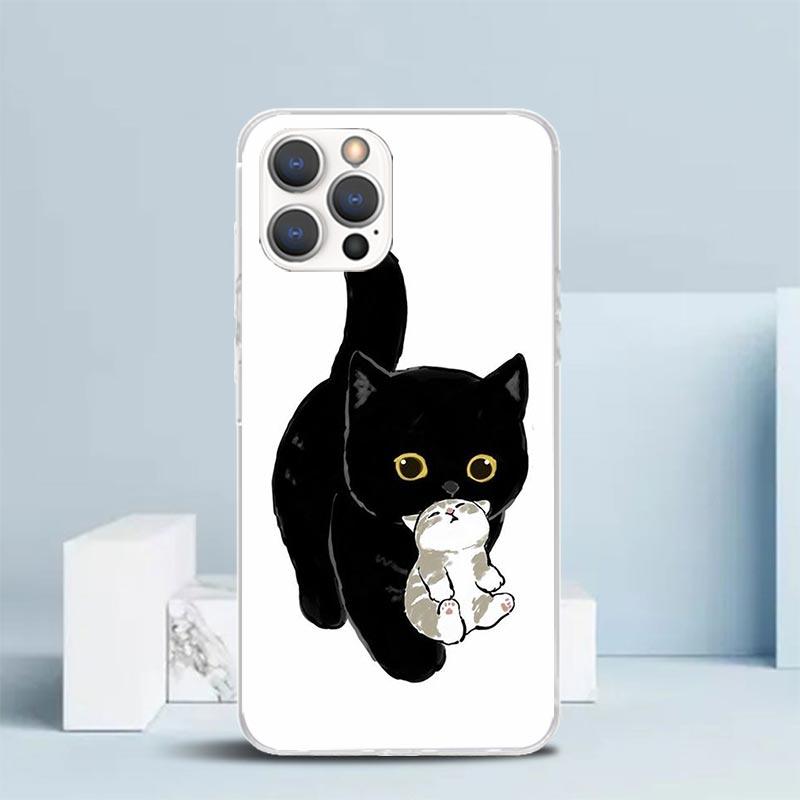 Мультяшный Милый Черный Кот Чехол Для Телефона Для IPhone 16 17 Air 16E 15 14 Plus 13 Mini 12 11 Pro Max 7 8 + SE 2020 Мягкий ТПУ Задняя Крышка 16