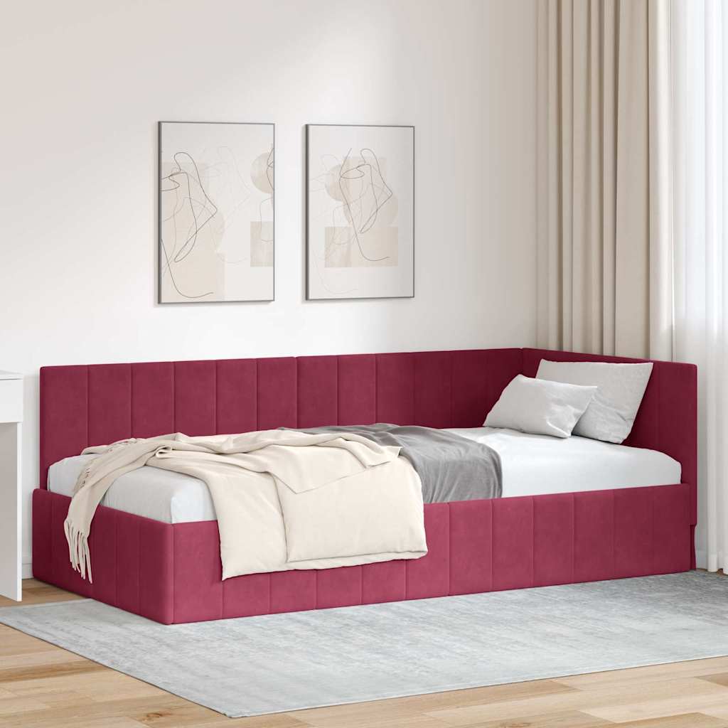 L shaped bed frame with headboard burgundy 90 cm x 190 cm velvet