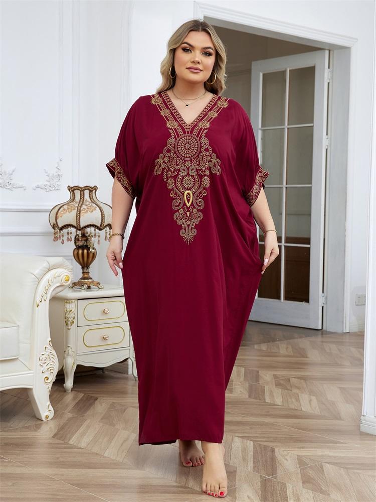 EDOLYNSA Golden Embroidered Plus Size Red Kaftan Dresses for Women Cozy V-neck Half Sleeve Beachwear Swimsuit Cover Up Loose Caftan