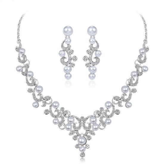 Fashion Alloy Rhinestone Faux Pearl Necklace Earrings Women Bride Jewelry Set