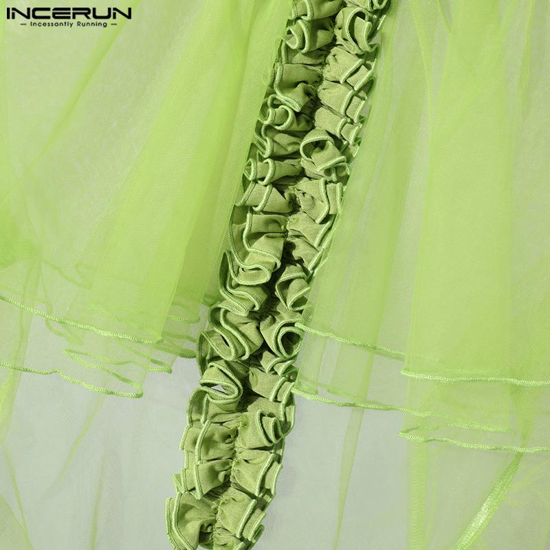 INCERUN Мужские футболки с длинным рукавом, оборками, нерегулярными слоями, сетка, клубная одежда для вечеринок, топы