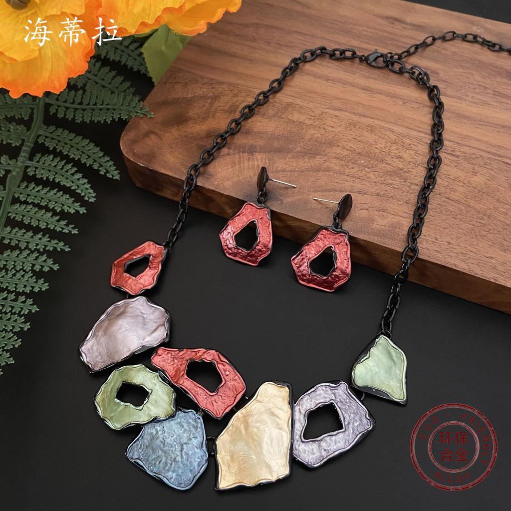 Цветная масляная живопись в сочетании с квадратным полым ожерельем и серьгами, модный почерненный ювелирный набор