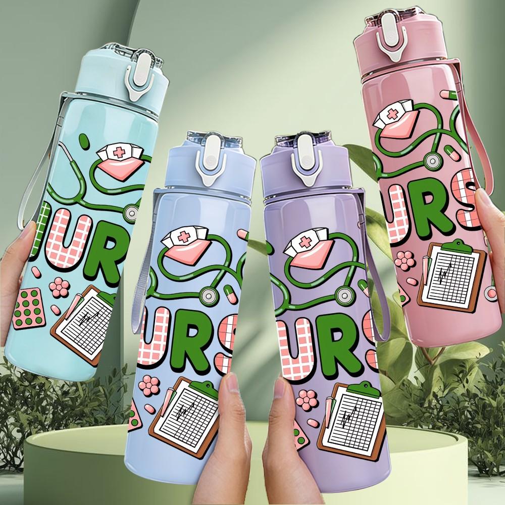 1PC Nurse Green Typography Pattern 750ml Color Plastic Sports Water Bottle Leakproof Flip Straw Lid Suitable for Sports Office Home Use