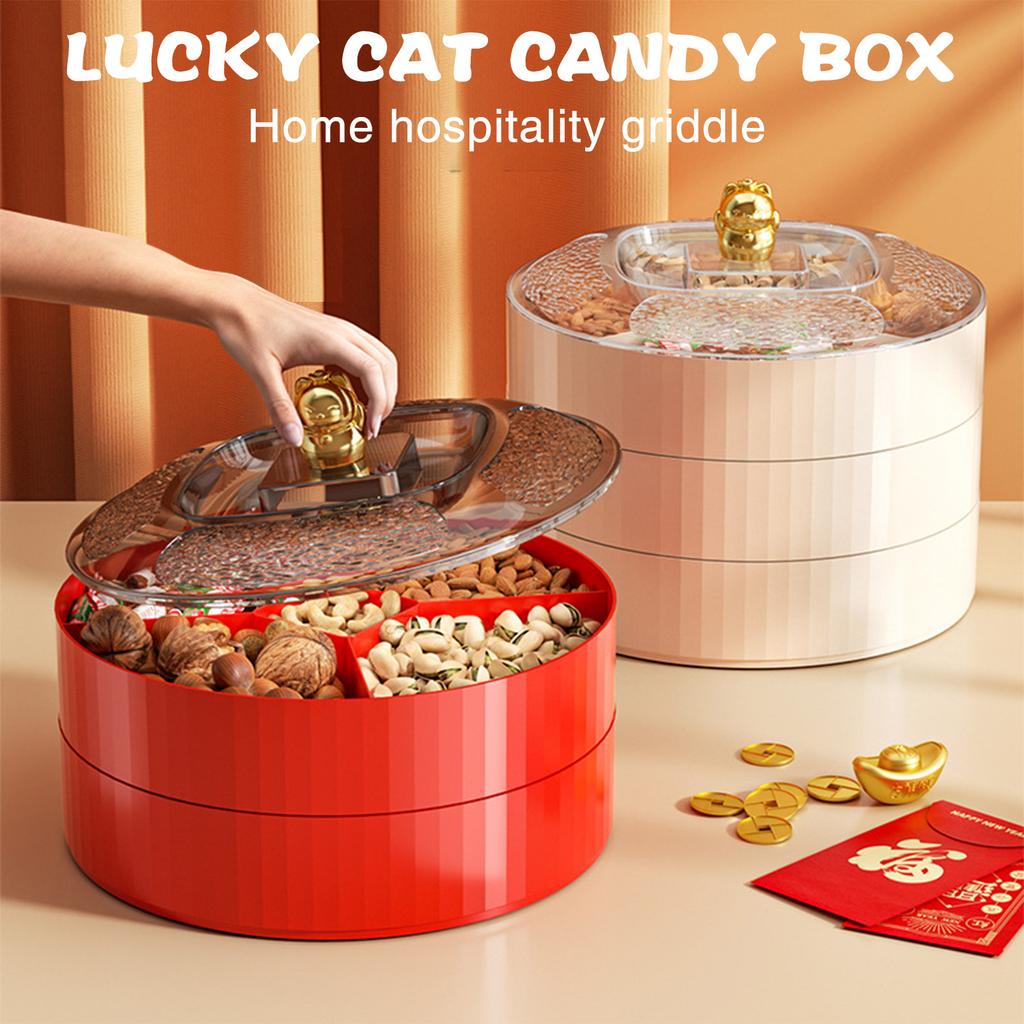 9,45-дюймовая двухслойная коробка для закусок, новогодний лоток для хранения фруктов, конфет, орехов, креативная крышка с рисунком счастливого кота, украшение для стола, фруктовая тарелка 2025
