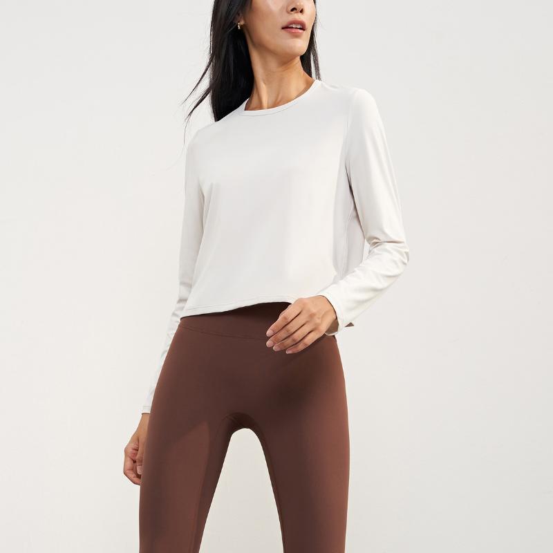 Осенне-зимняя одежда телесного цвета для йоги с длинным рукавом и коротким круглым вырезом, одежда для фитнеса, для отдыха на открытом воздухе, свободные спортивные топы