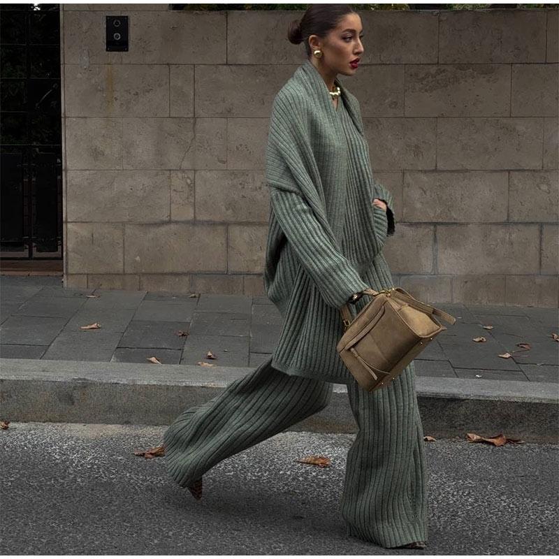 Свободные трикотажные женские комплекты с V-образным вырезом, длинным рукавом, шарфом, пуловером, длинными брюками, трикотажный женский костюм, осенне-зимние повседневные женские костюмы