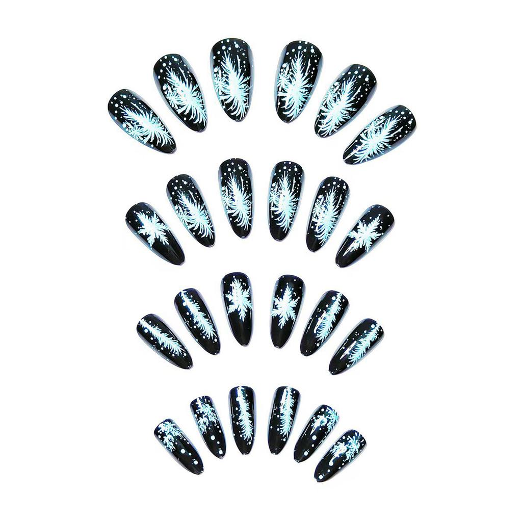 24Pcs Christmas Snowflake False Nails with Black Mysterious Design for Party and Holiday Use