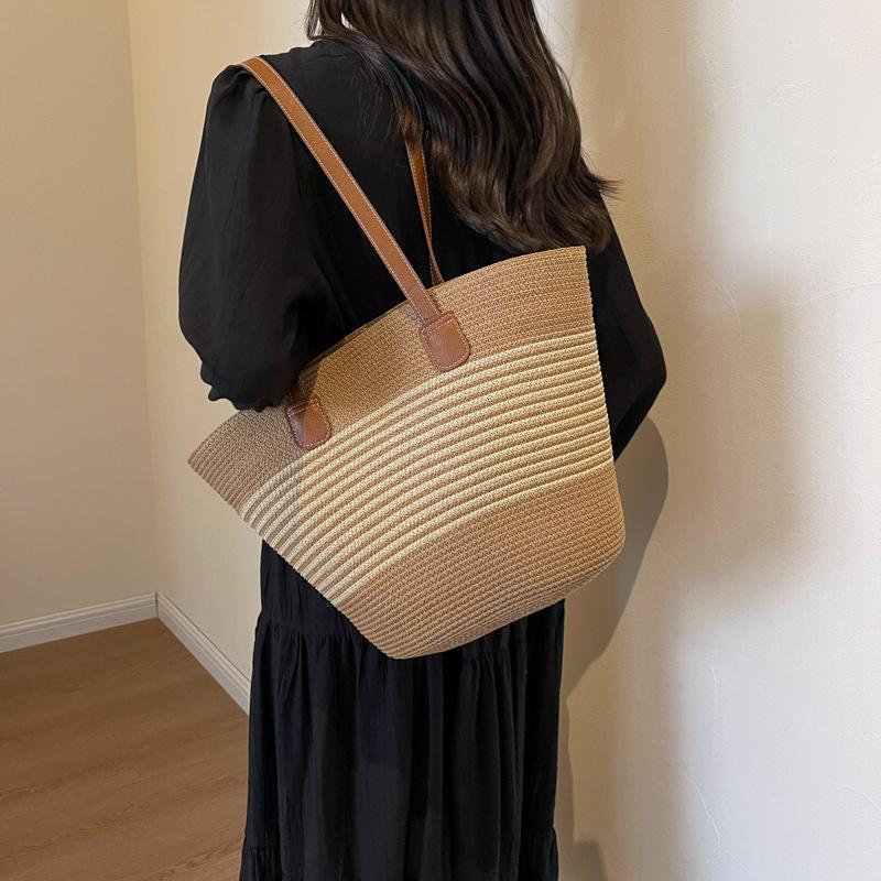 Women Fashion Striped Summer Beach Straw Knitting Shoulder Bag Hollow Out Handwoven Handbags Portable Large Capacity Casual Tote AVE