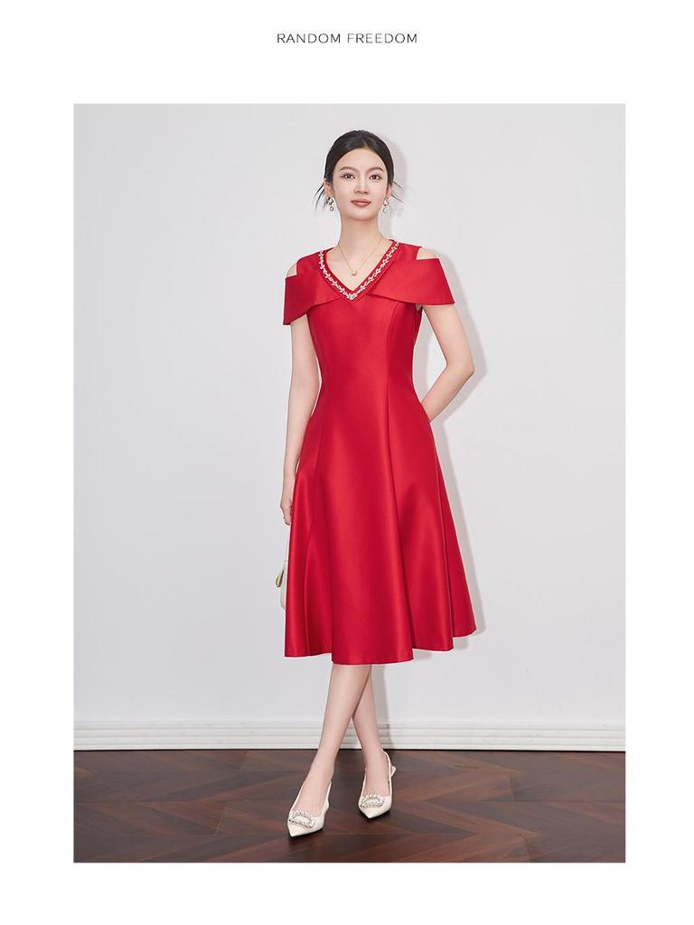 Элегантное французское летнее вечернее платье с V-образным вырезом, открывающее плечи - Дизайн «легкая роскошь», расшитый стразами, облегающий талию