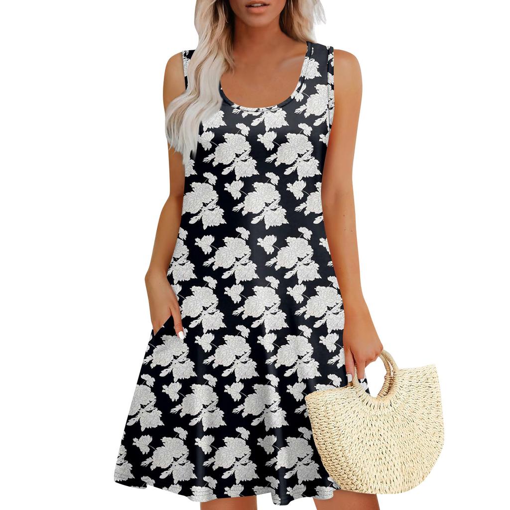 Women's Summer Casual U-shaped Tie Pocket Popular Floral Print Dress