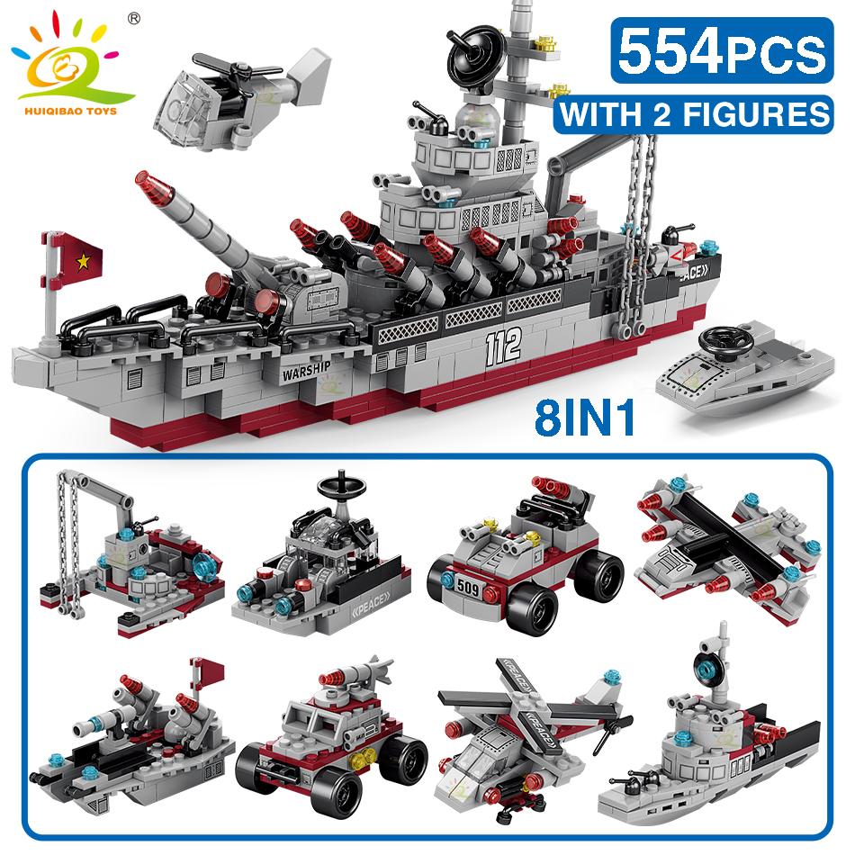Military Ship 554pcs 8in1 Aircraft Cruiser Building Blocks Army Warship Plane Truck Bricks City Children Toys for Boy