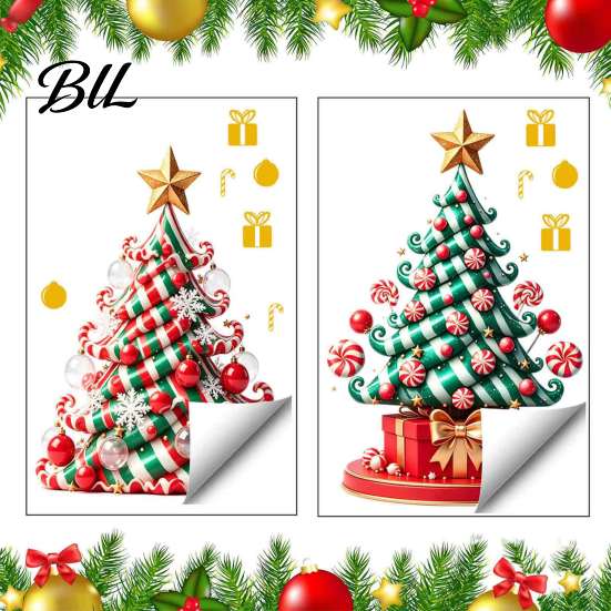 Creative Seasonal Ornaments Christmas Tree Window Decals, Candy Striped Snowflake Wall Stickers, Waterproof Murals PVC Removable Glass Clings for Home