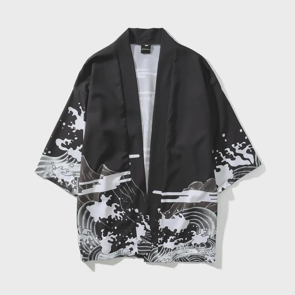 Кардиган-кимоно унисекс в стиле ретро укиеэ: Японско-китайский стиль, свободный крой, рукава 3/4