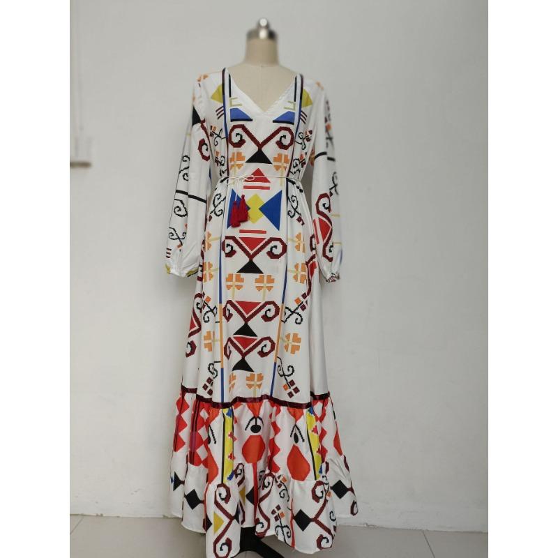 Женское праздничное платье с рукавами-фонариками и принтом, длинное