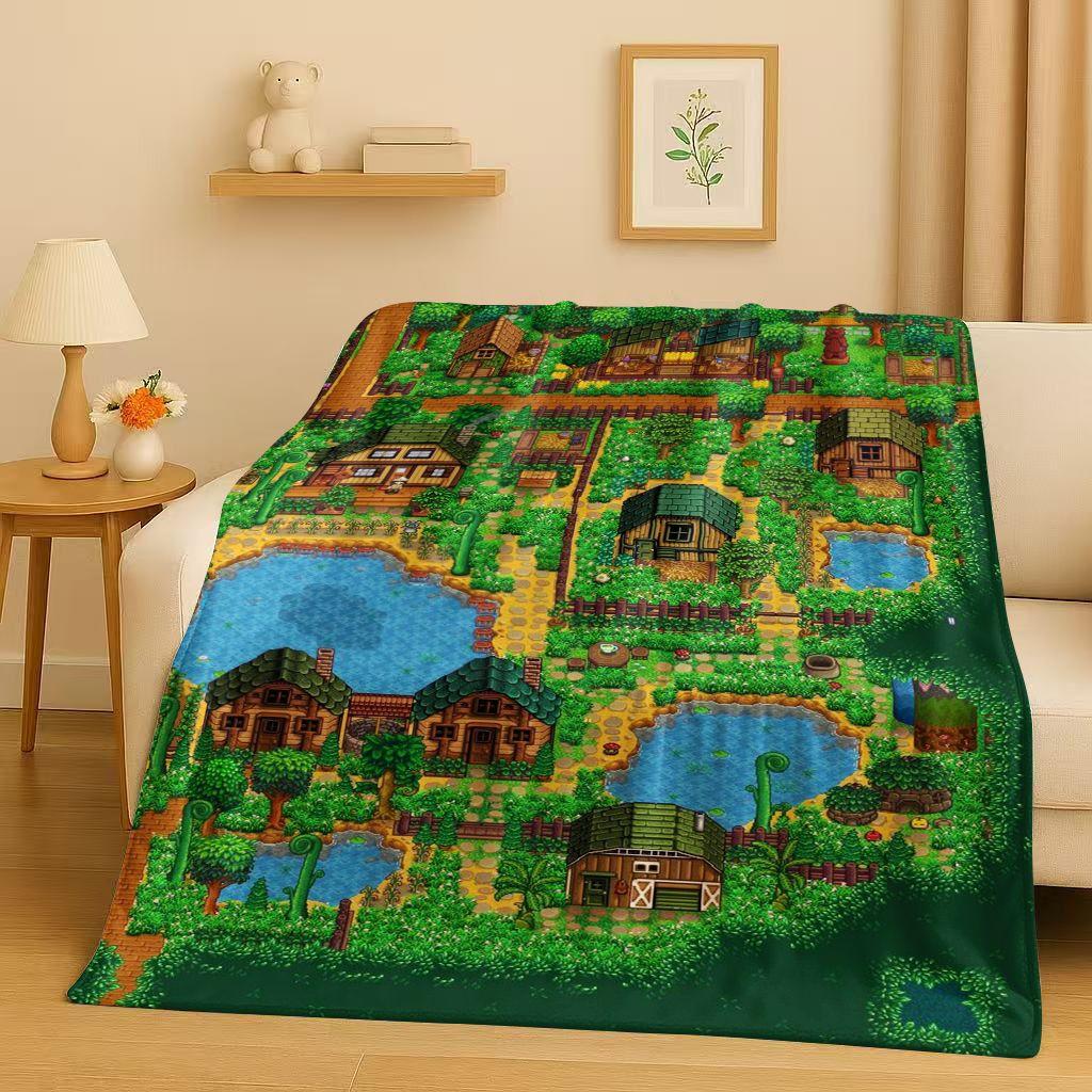 Retro Stardew Valley Farm Map Pixel Game Flannel Blanket,Ultra Soft Warm Plush Throw for Home Bedroom Bed Sofa Cover Kids Gift