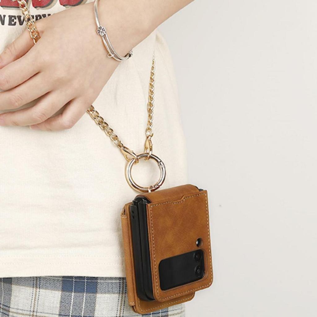 For Samsung Galaxy Z Flip7 5G Case Card Holder Ring Holder Kickstand PU+PC Phone Cover with Chain