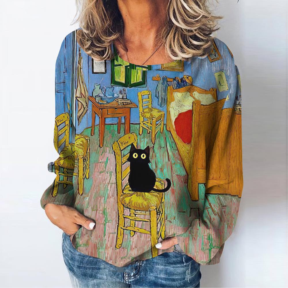 Harajuku Vintage женские футболки женская одежда цветы кошка принт длинные рукава футболка повседневный свободный топ пуловер осень / зима