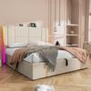 Upholstered double bed USB Type C charging APP control LED 180×200 storage bed frame, wooden slatted frame, beige linen material (without mattress)