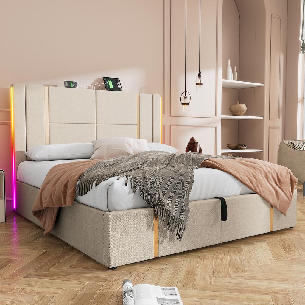 Upholstered double bed USB Type C charging APP control LED 180×200 storage bed frame, wooden slatted frame, beige linen material (without mattress)