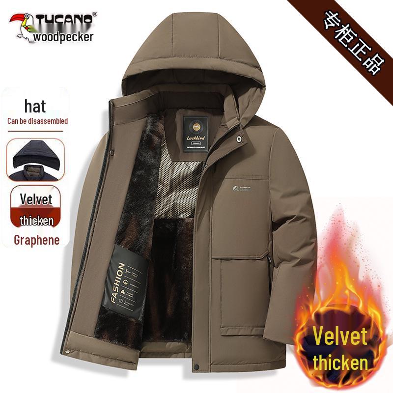 Мужская куртка Woodpecker Plus из бархата средней длины с капюшоном, съемной подкладкой, хлопковый зимний пальто для среднего и пожилого возраста