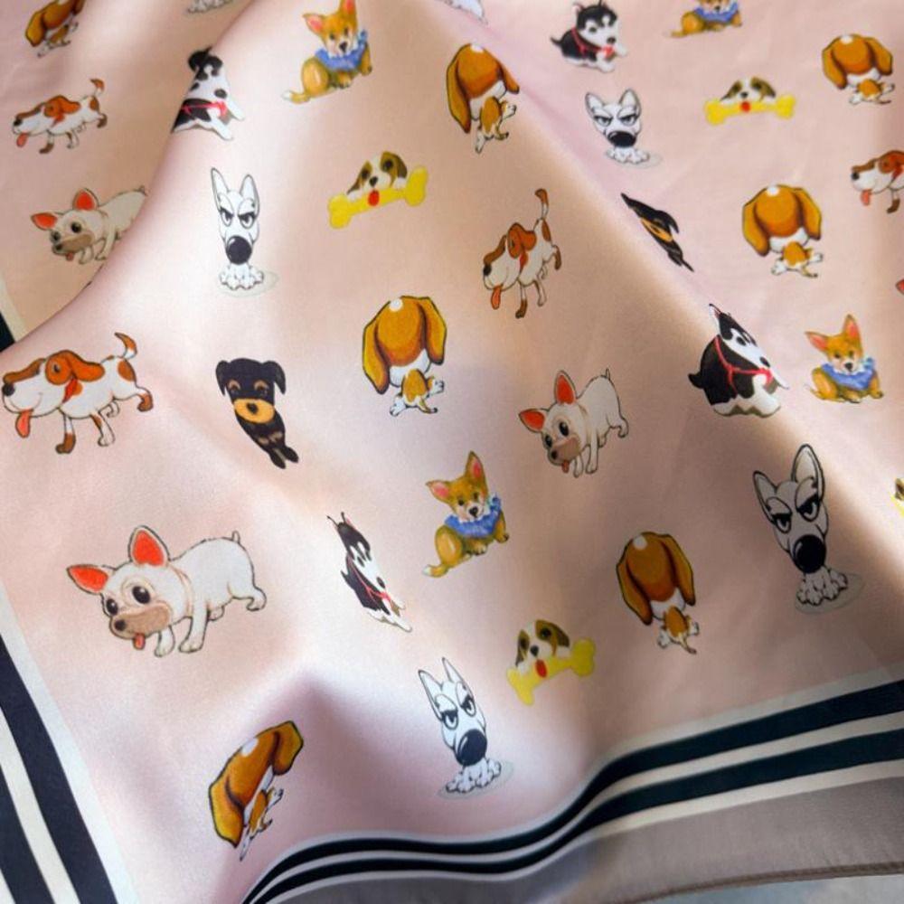 Cartoon Dog Print Women Square Scarf 70x70cm Silk Scarf Cute Shawl Fashion Accessory