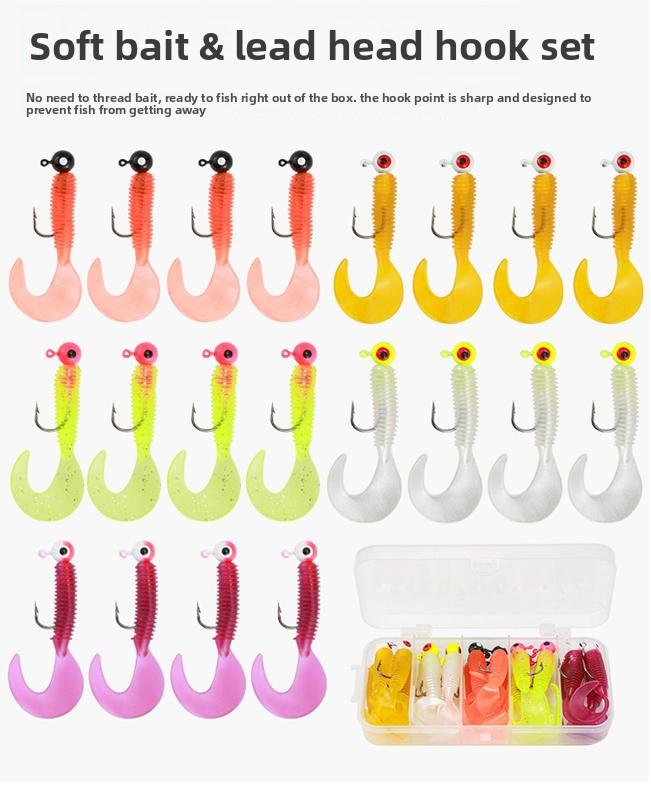 Daoyu 20-Piece Curly Tail Soft Lure Lead Head Jig Hooks Set Anti-Hang Bottom Design for Freshwater Saltwater Inshore Fishing