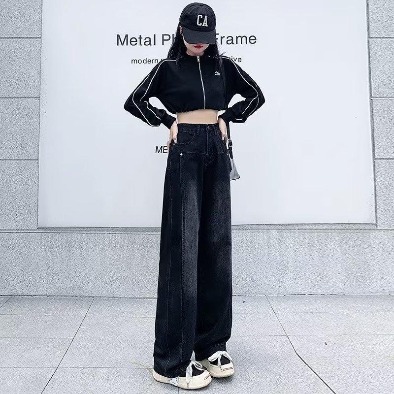 Женские джинсы, осенние новые большие размеры, черно-серые широкие джинсовые брюки с высокой талией, свободные драпированные прямые брюки для мытья полов