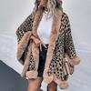 Women Autumn Winter Loose V-Neck Bat Sleeve Cardigan Leopard Knitwear Sweater Cross Border Cloak