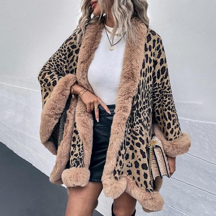 Women Autumn Winter Loose V-Neck Bat Sleeve Cardigan Leopard Knitwear Sweater Cross Border Cloak