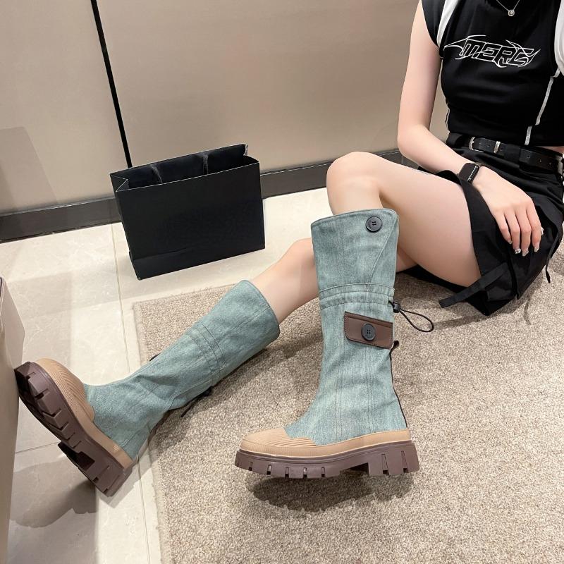 Уличная мода женские джинсовые сапоги 2024 Новые осенне-зимние женские сапоги на платформе до колена высокие сапоги в стиле ретро Zapatos Chunky Mujer