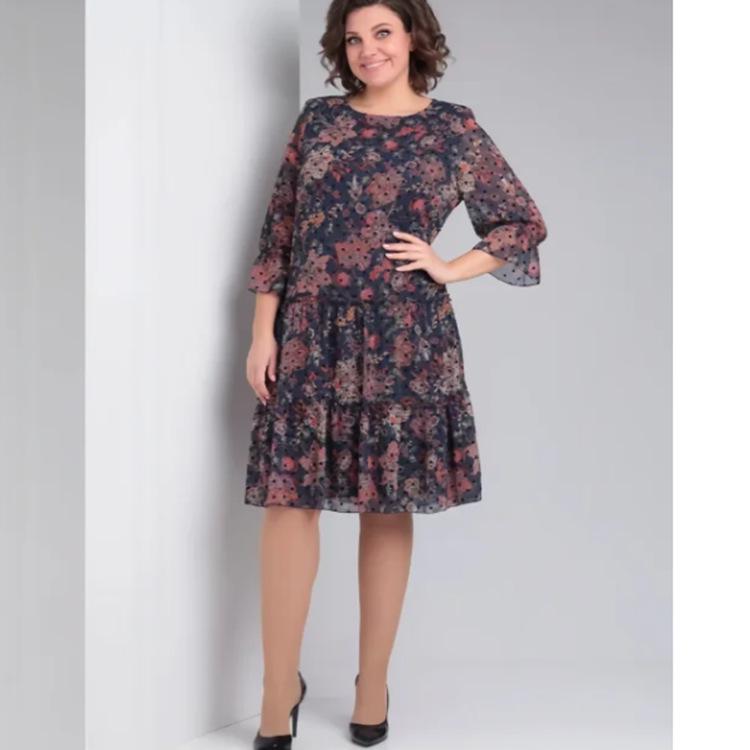 2025 Spring/Summer European & American Women's Plus Size Chiffon Printed Dress with Seven-Sleeve Design