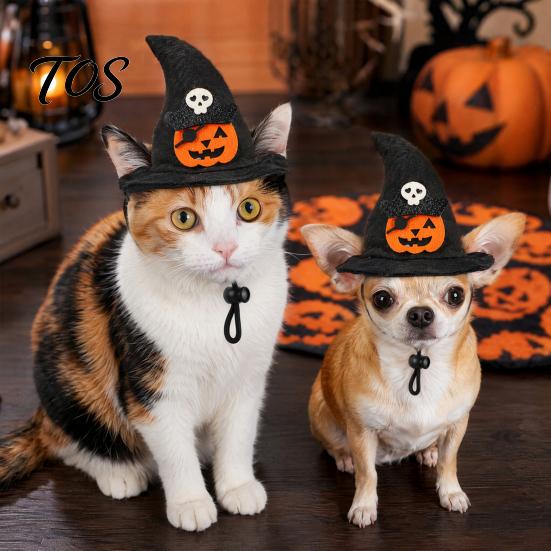 Cat Halloween Costume Accessory Witch Hat, Fun Pet Hat with Adjustable Elastic Strap, Cartoon Bat Themed Ghost Pumpkin Skull for Cats Small