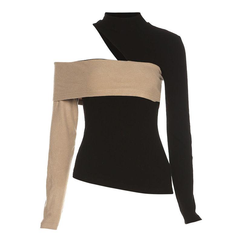 Винтажный дизайн с открытыми плечами и контрастным цветом, футболка с высоким воротом, длинными рукавами, поясом и тонкой нижней рубашкой с вырезом, сексуальный пуловер для горячих девушек