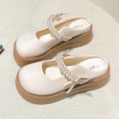 Туфли-лодочки на платформе с бантом, женские шлепанцы, обувь с ремешком на пятке и бусинами, вечерние женские туфли-мюли, лето 2025, повседневная женская обувь