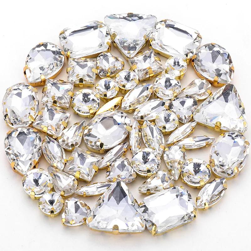 50pcs/Bag Glitter Mixed Shape Sew On Glass Rhinestone Gold Claw Crystal Buckle Diy Wedding Decoration Accessories