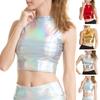 Women Crop Top Round Neck Sleeveless Glossy Solid Color Short Waist-exposed Slim Fit Pullover Club Party Performance Tank Top