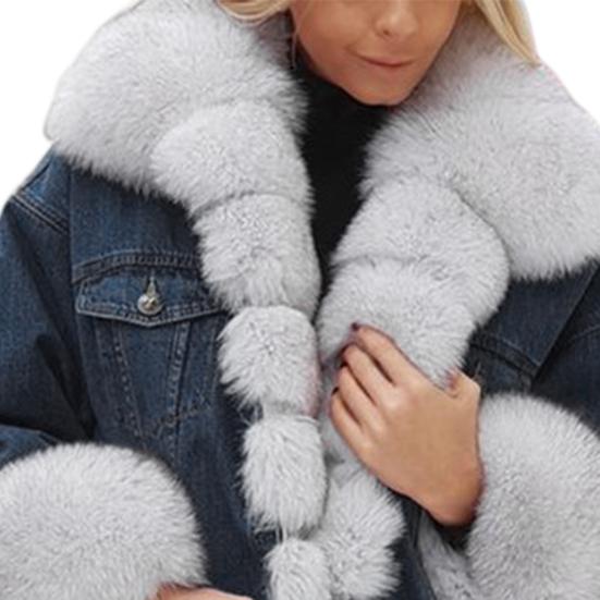 Зимняя женская джинсовая куртка с отделкой из искусственного меха, длинные рукава, цветные карманы