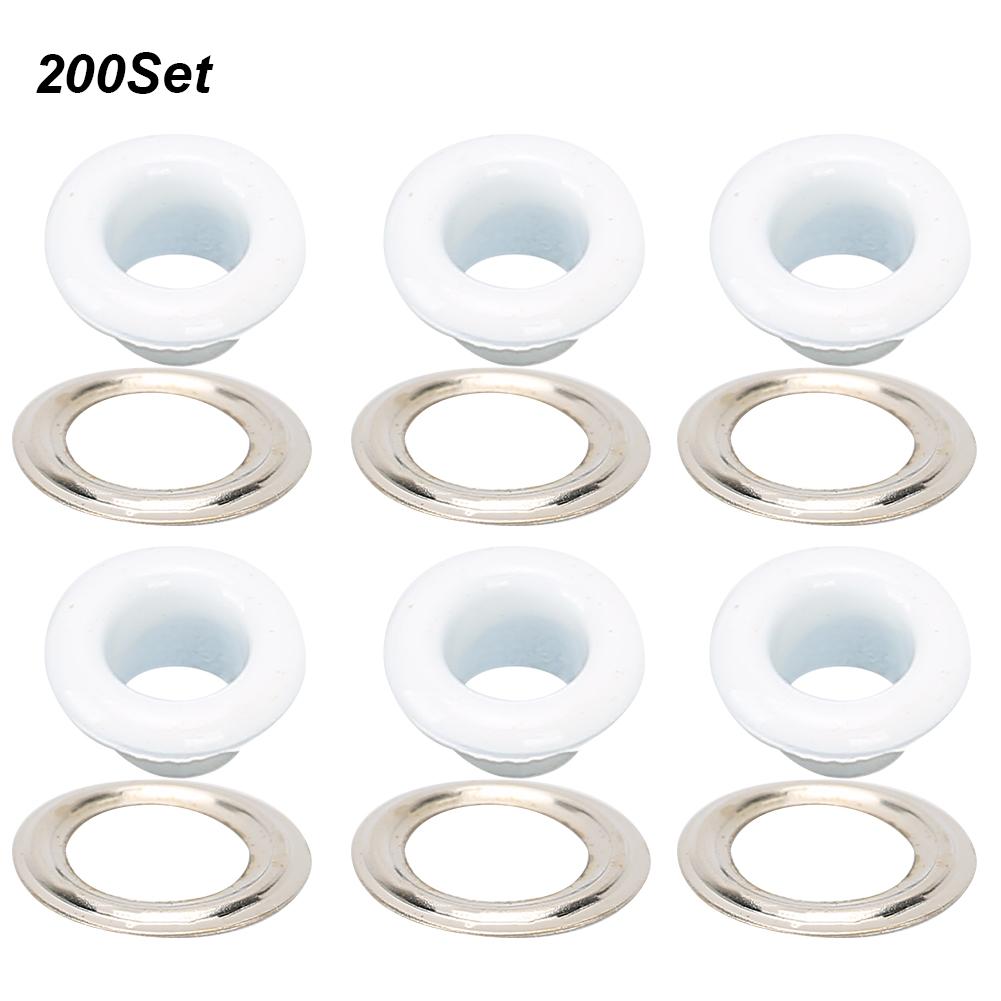200 Sets Eyelet Buckle Metallic Grommet Shoes Leather Bags DIY Craft Button Rivet Tool 6mmWhite