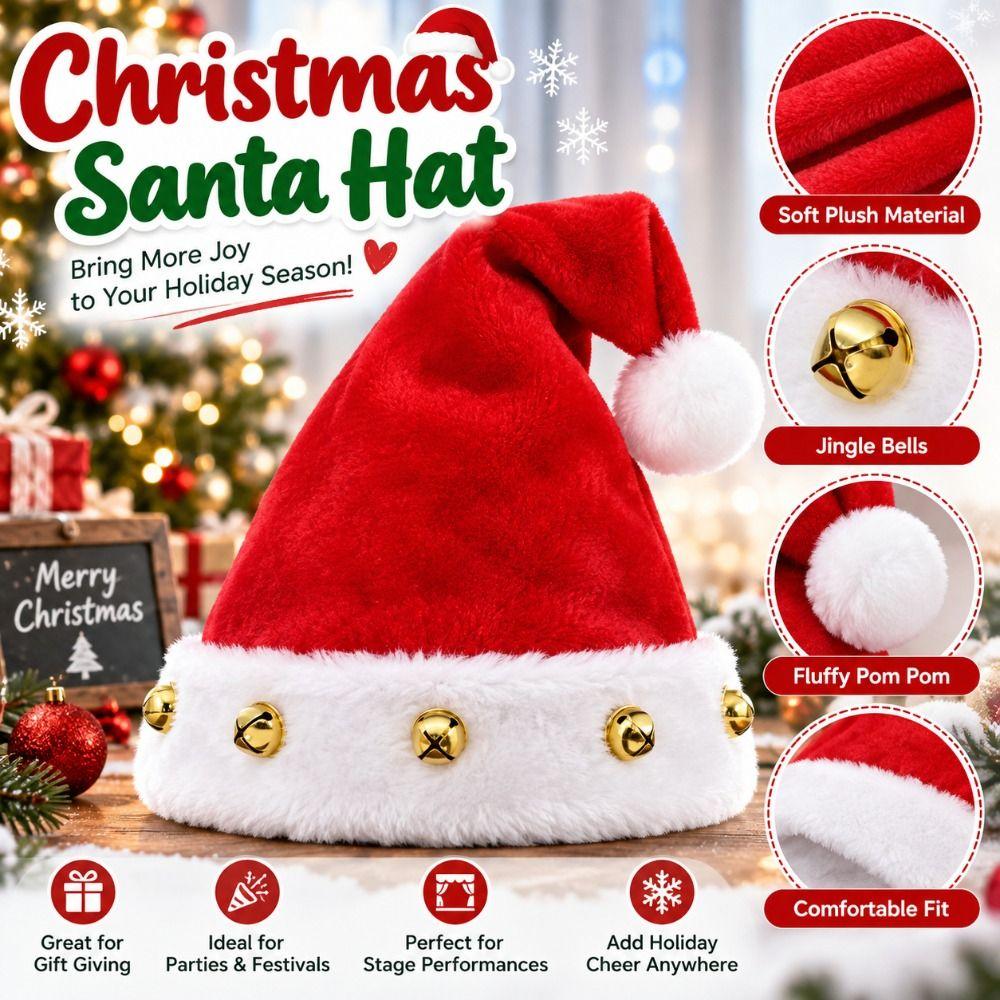 Bell Decoration Christmas Hat Red Plush Jingle Bell Hat Gifts Santa Hat Christmas Party
