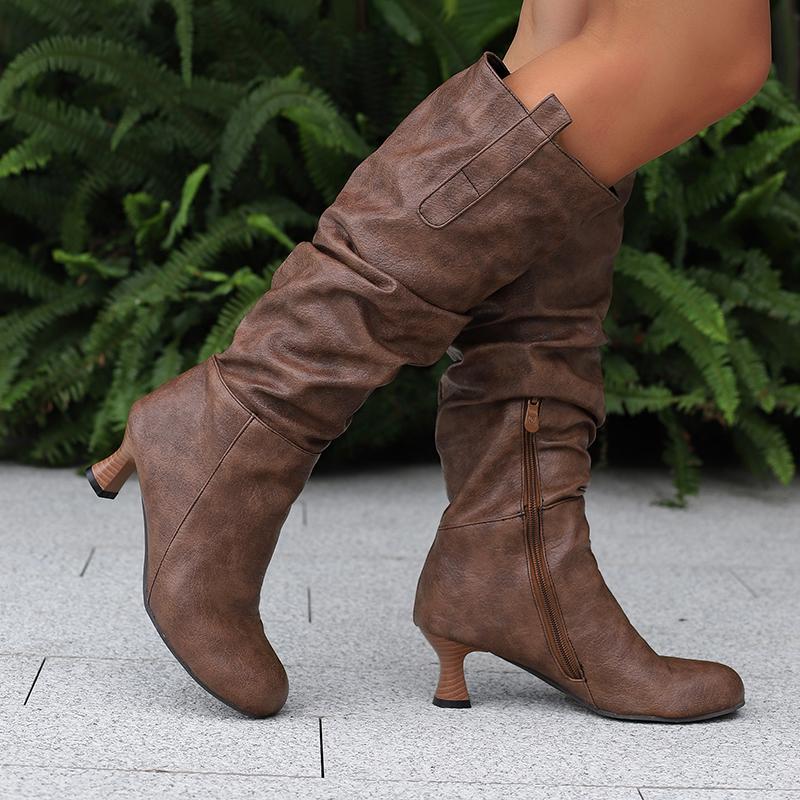 Women's High-heeled Boots Autumn and Winter Simple and Versatile Solid Color Large-size Casual Medium Boots