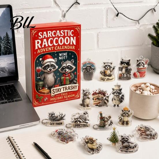 24 Day Advent Calendar Raccoon Calendar, Days 2D Acrylic Ornament Countdown Christmas Collectible Cute Pendents for Home, Tree, Car Rearview, Holiday