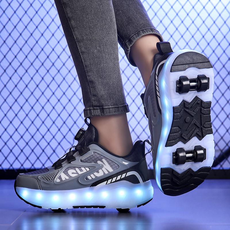 29-40 Мальчики Четырехколесные Кроссовки Съемные Туфли на Плоской Подошве Перезаряжаемые USB Светящиеся Спортивные Легкие Туфли Девочки Роликовые Коньки Обувь для Мальчиков
